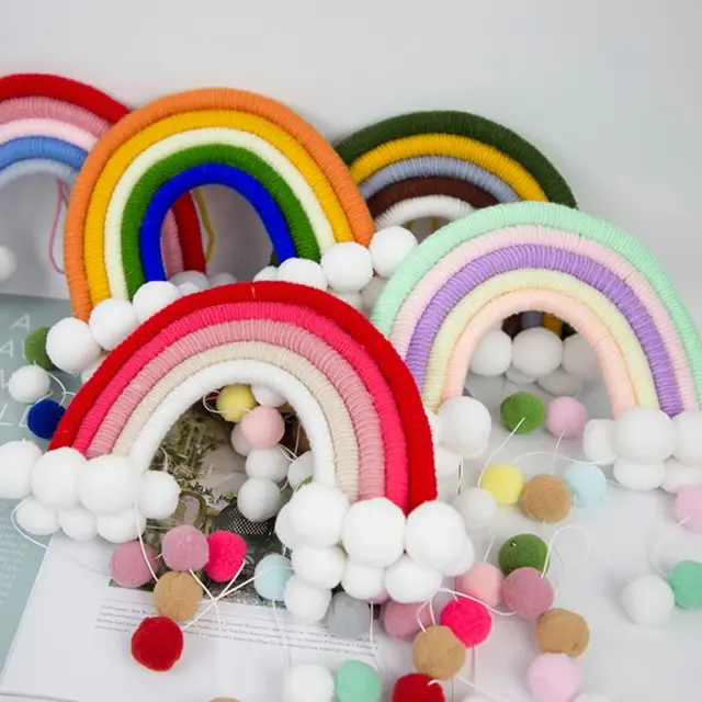 Home Decor Rainbow Fur Balls Handmade Weaving Tapestry Nordic Kids Children's Room Decor Nursery Baby Room Wall Hanging Toys 4