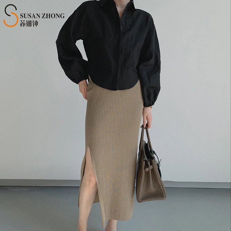 

Women Skirt Female Elegant Feminine Basic Elastic Waist Side Big Slit Knitted High Stretch Fabric Ankle-Length Solid Straight