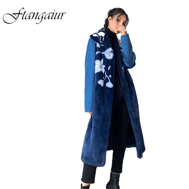 

Ftangaiur 2019 Winter Import Velvet Mink Fur Coat For Femal Print Wool double-sided Natural Fur Coat Women's Real Mink Fur Coats