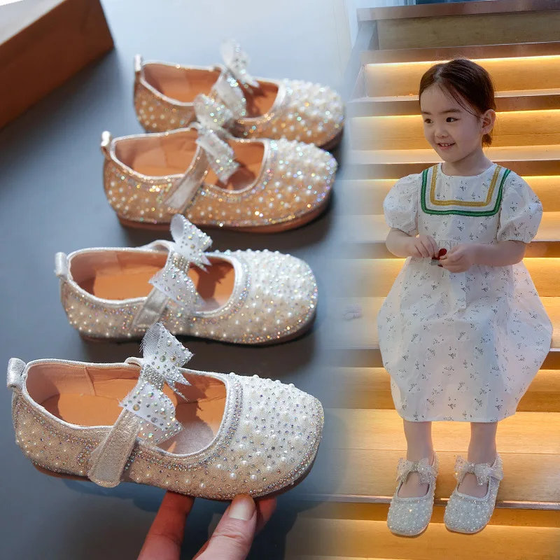 Girl's Princess Shoes Children's Fashion Bow Rhinestone Leather Kids Shoe Baby Girls Party Student Flat Shoes E584