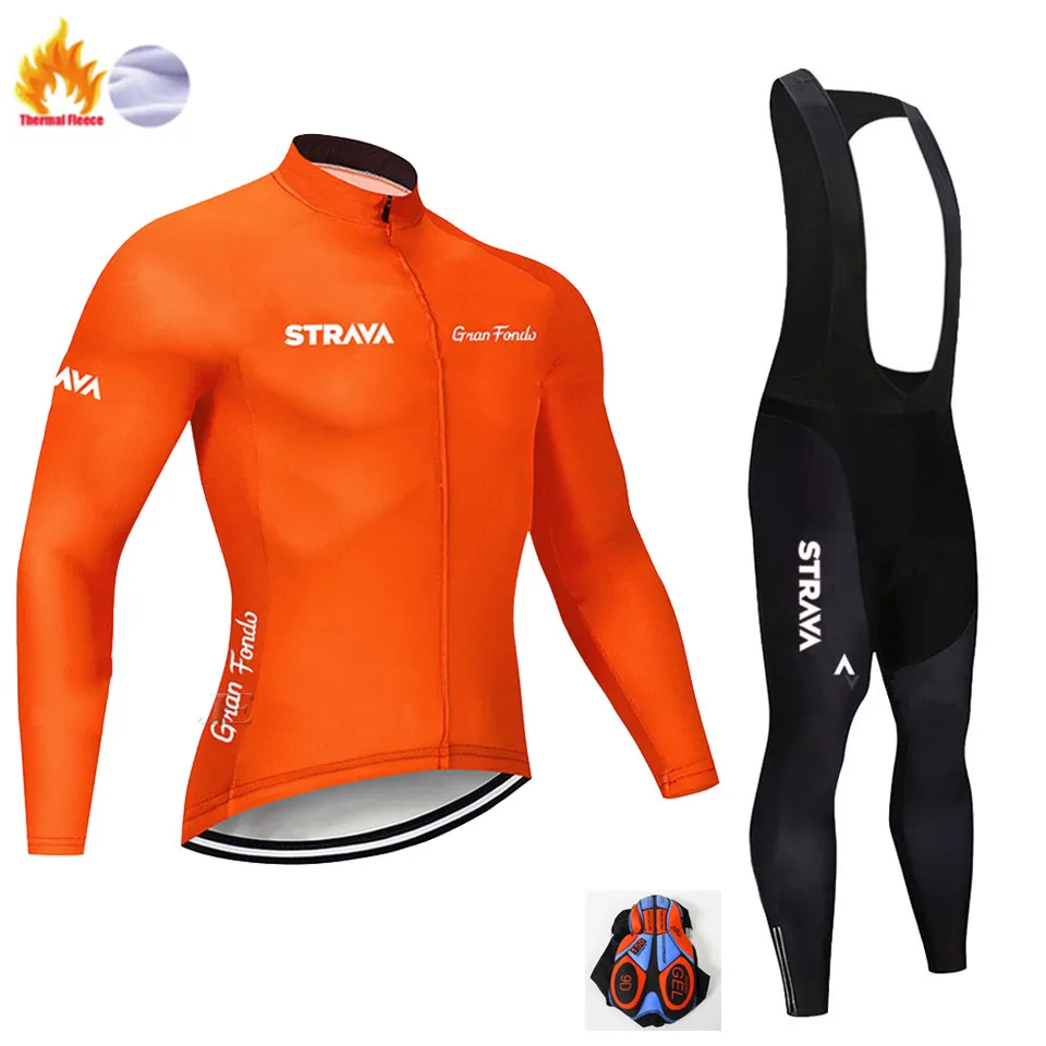 Winter Cycling suit STRAVA Pro Team, Зимняя Теплая Флисовая велосипедная одежда, мужская футболка с длинным рукавом, костюм для езды на велосипеде, MTB, одежда, комбинезон, комплект - Цвет: Winter Cycling suit