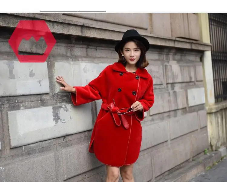 Women New Autumn Winter Real Natural Sheep Shearling Overcoat Sheepskin Jacket Female Double Sided Outwear With Sashes N124