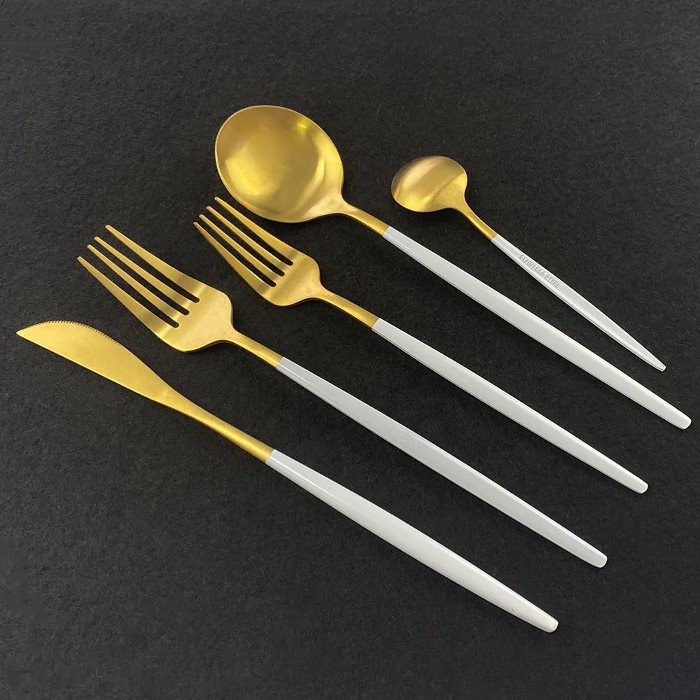 US $32.85 36piece White Gold Cutlery Set Knife Dessert Fork Spoon Dinnerware Set Stainless Steel Tableware Set Home Kitchen Silverware Set