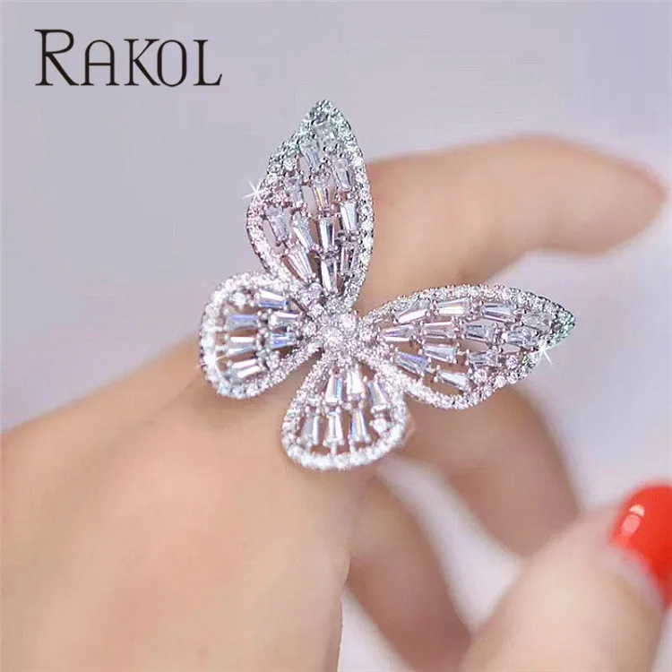 RAKOL Мода AAA Cut кубический циркон бабочка Открытые Кольца для женщин Роскошные Brial Свадебная вечеринка ювелирные аксессуары - Цвет основного камня: White
