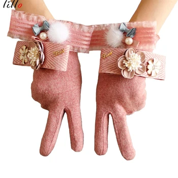 

Winter Warm Women's Gloves Cute Lady Bow Flower Driving Touch Screen Woollen Gloves Pointing Fashion Joker Bow gloves Thicken