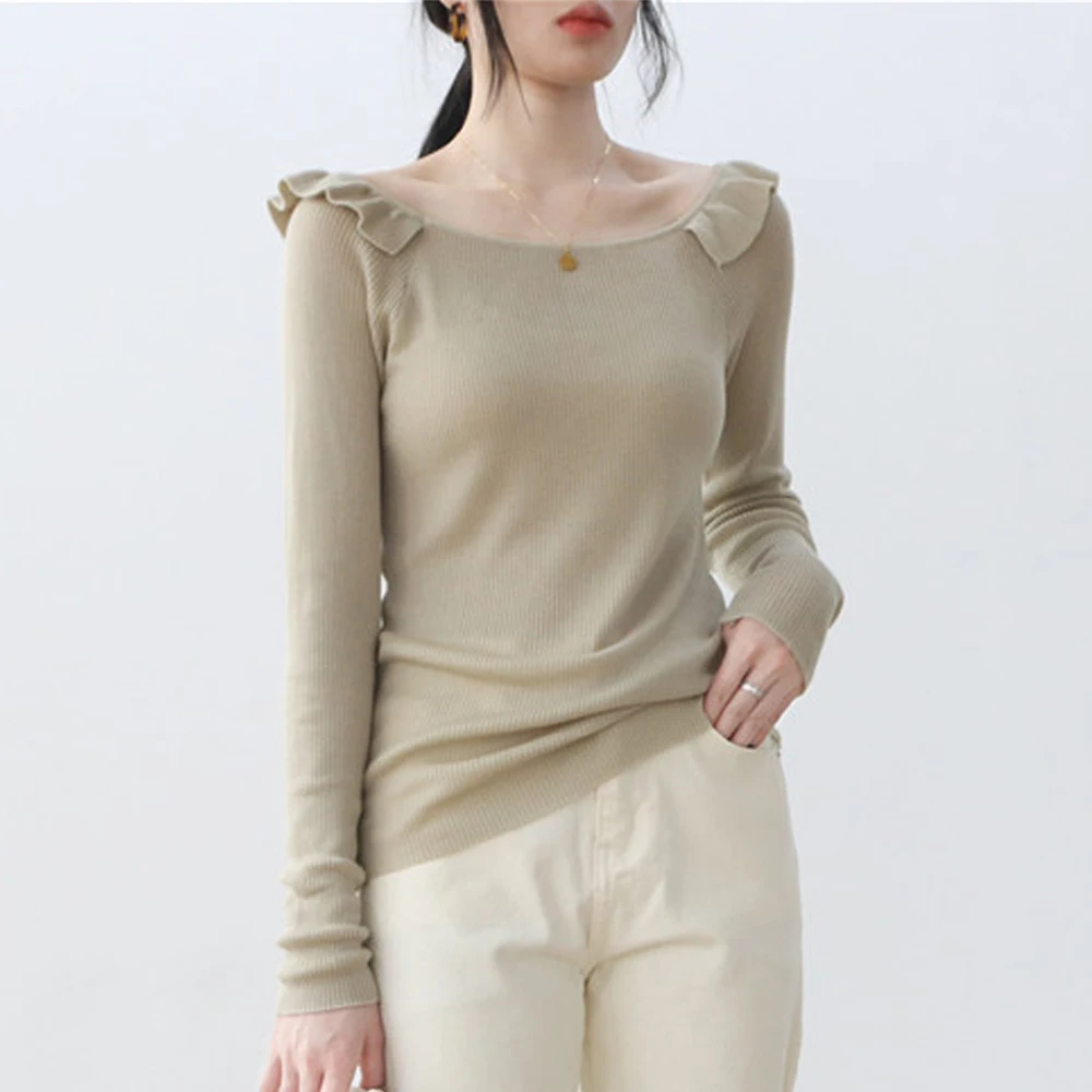 Женский пуловер блузка с длинным рукавом вязаный свитер открытыми плечами осень