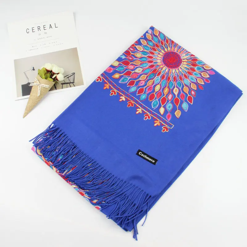 Кашемировый роскошный шарф осень зима женский Подсолнух шаль с этническим стилем высокого качества шерсть перьевой шарф шаль длинный - Цвет: blue