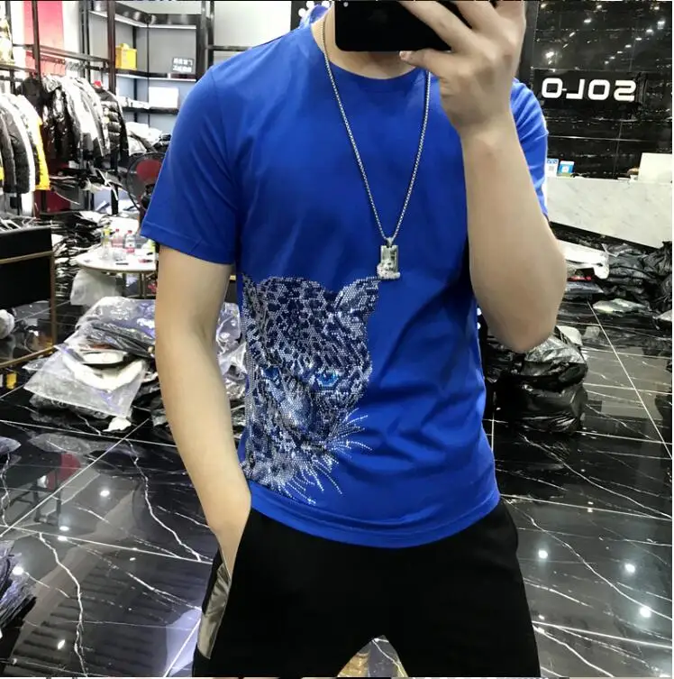 Rhinestone t shirt men top quality confortable men's Tshirt casual slim