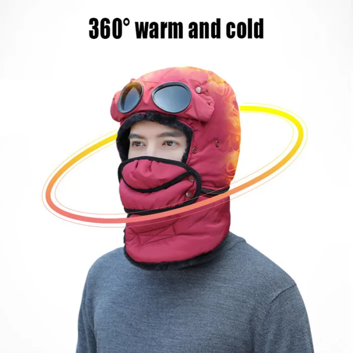 Newly Winter Trapper Hat Mask Eyeglasses Scarf Windproof Fleece Lined Ski Cap Set for Outdoor