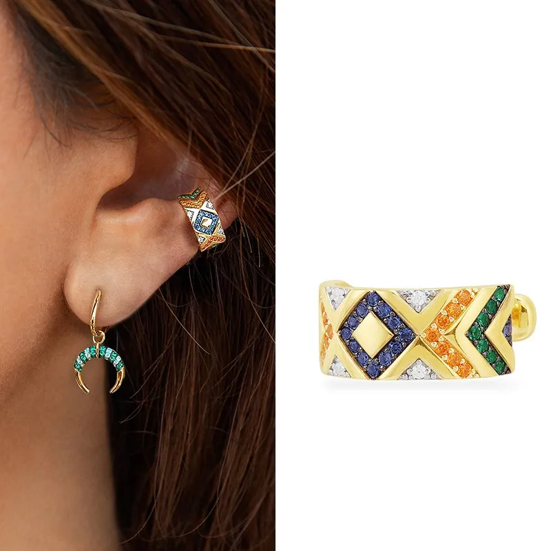 

New Arrival Sterling Silver Multicolor Flower Pattern Tribal Ear Bone Cuff Women Gold Color Sliding Mana No Pierced Clip Earring