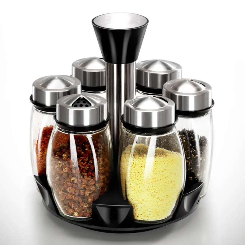 B Baispo 7Pcs/Set Rotating Stainless Steel Cruet Condiment Spice Jars Set Kitchen Sauce Jar Seasoning Bottle Kitchen Tool - Color: B