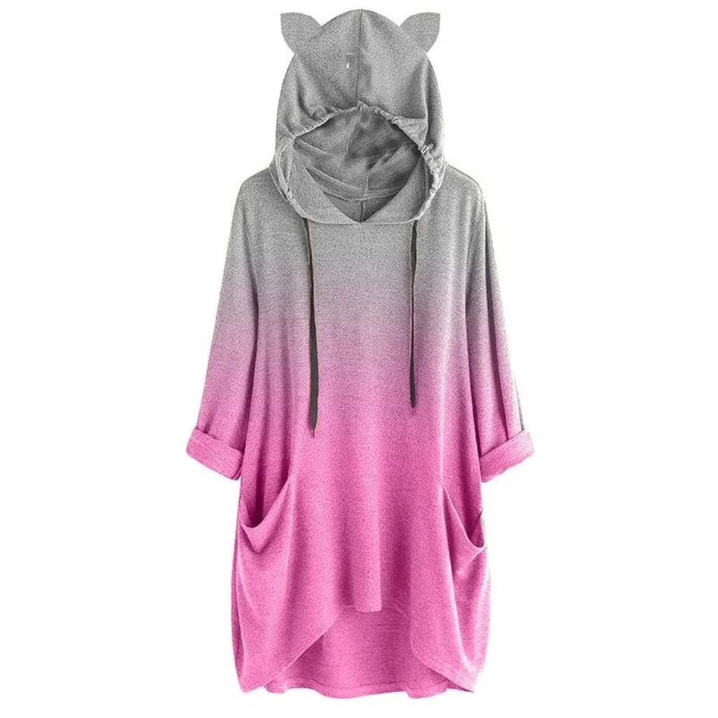 Худи с кошачьими ушами для женщин, длинный рукав, градиентный цвет, толстовка с капюшоном, пуловер, топ, блузка, осень, неровные карманы, худи, куртки - Цвет: Hot Pink