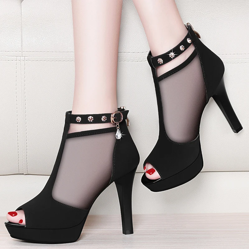 

Fashion 2019 Women Sandals 10.5cm Thin High Heels Diamond Summer Boot Shoes Women Casual Sexy Black Sandals YG-B0004