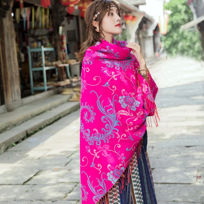  Oversize 140*140cm Floral Printing Square Blankets Russian Women Wedding Scarf Retro Style Cashmere