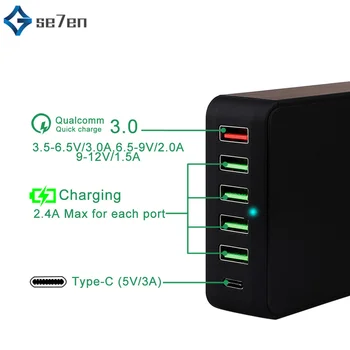 

USB Charger, 60W QC 3.0 Type C Desktop Charger : 6-Port USB Charging Station, Charger Hub, Multiple USB Charger for Smartphone