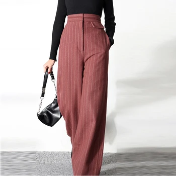 

Korea can ship 2020 New High Waist Thickening Width Stripe Wide Leg Pants for WomanTemperament Trousers with pockets YJ076