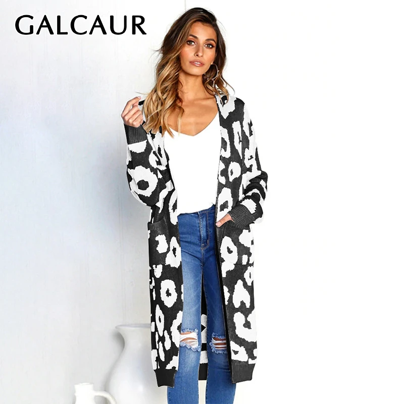 GALCAUR, Леопардовый хит, цветной вязаный женский свитер, v-образный вырез, длинный рукав, карман, повседневные женские свитера,, Зимняя мода, новинка