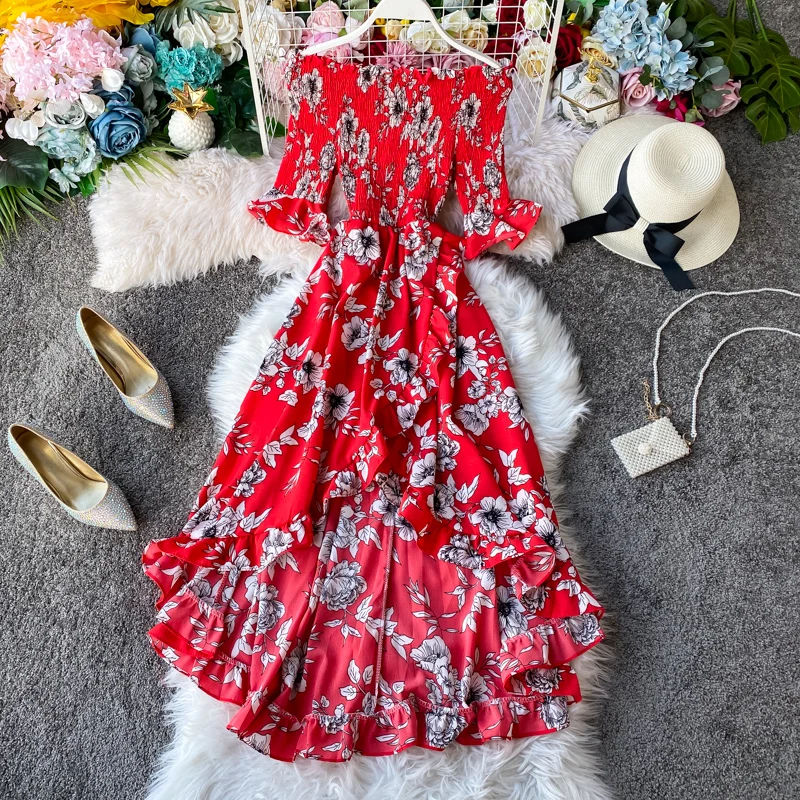 Boho 2021 сексуальный цветочный принт с открытыми плечами Макси длинное платье со