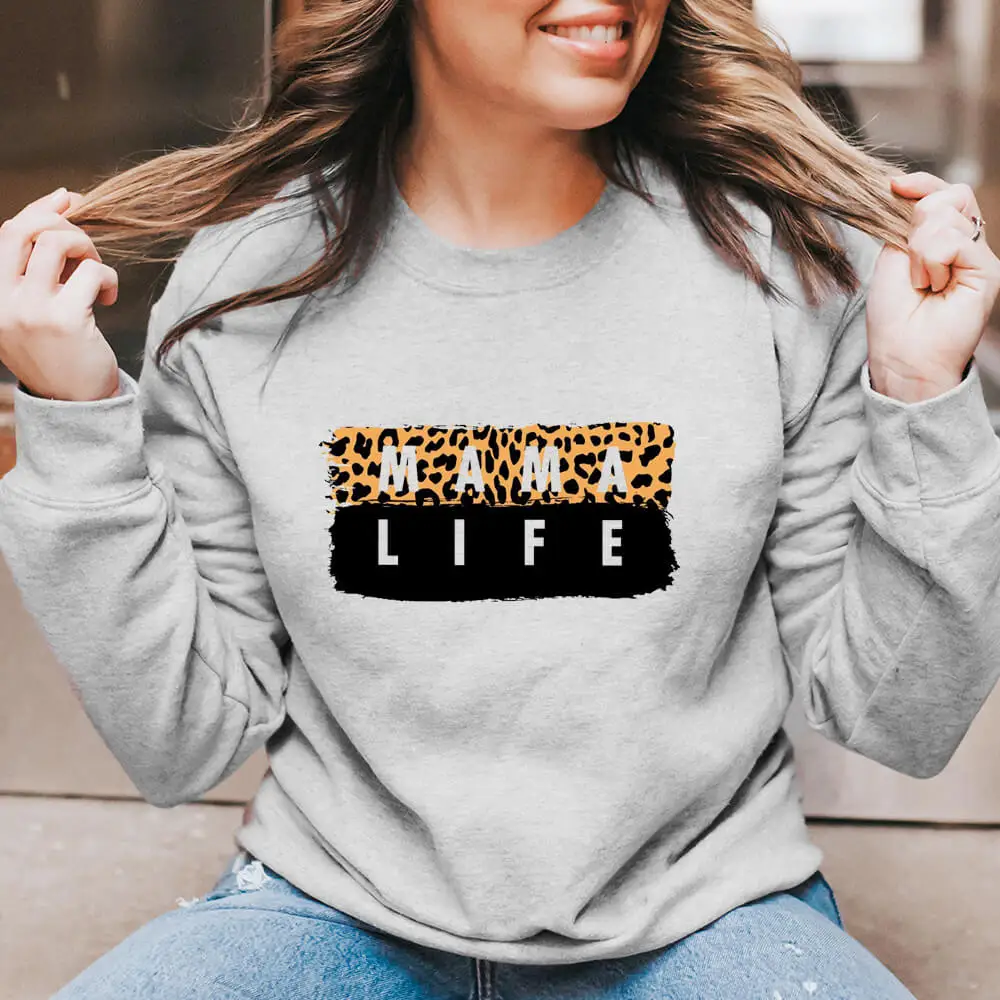 

Mom Life Leopard Printed 100%Cotton Women Sweatshir Momlife Spring Autunm Casual O-Neck Pullovers Long Sleeve Top Gift for Mom