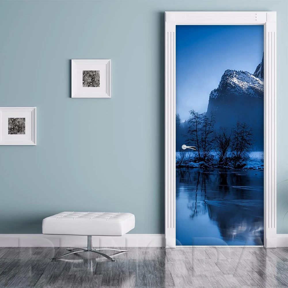 Self Adhesive Decal PVC Door Sticker Picture Snow Mountain Scenery Paper DIY For Living Room Waterproof 3D Print Art Home Decor