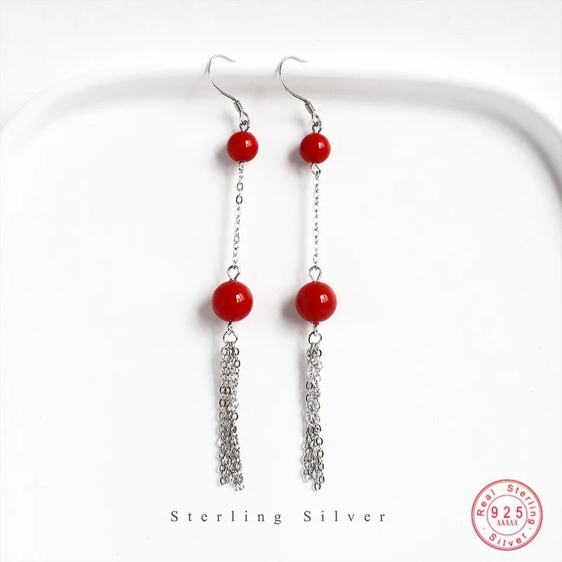 

925 Sterling Silver Simple Red Pearl Tassel Earrings Women Light Luxury Temperament Dress Jewelry Accessories Girlfriend Gift