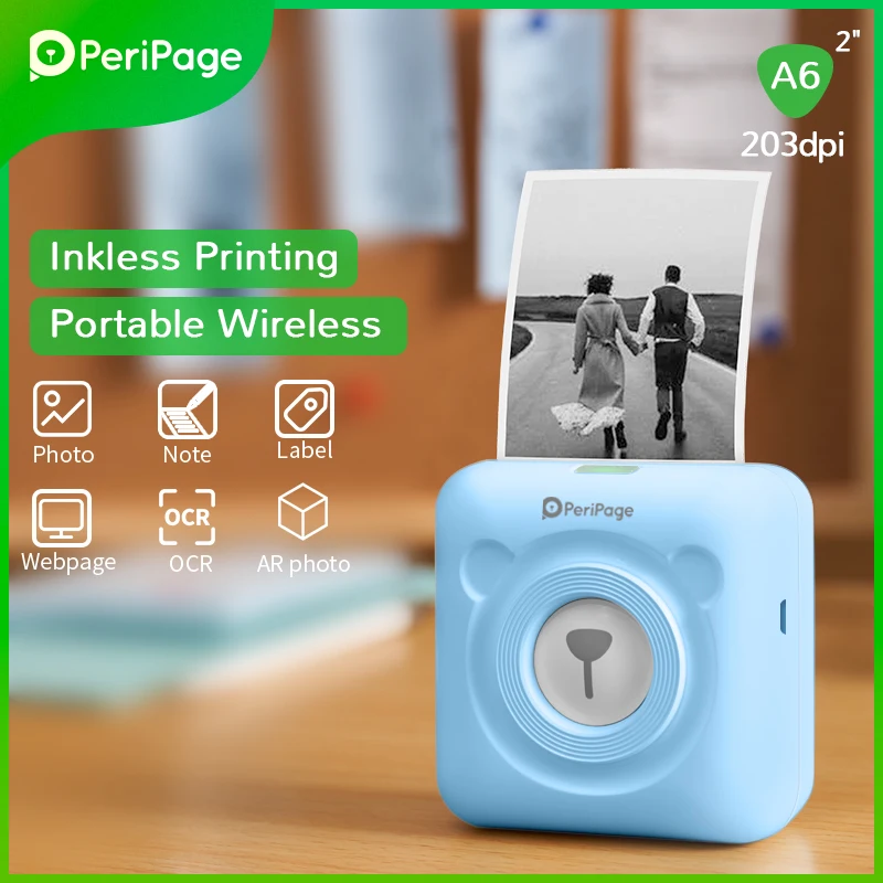 Портативный термальный Bluetooth принтер PeriPage без чернил 203 точек/дюйм синий фото
