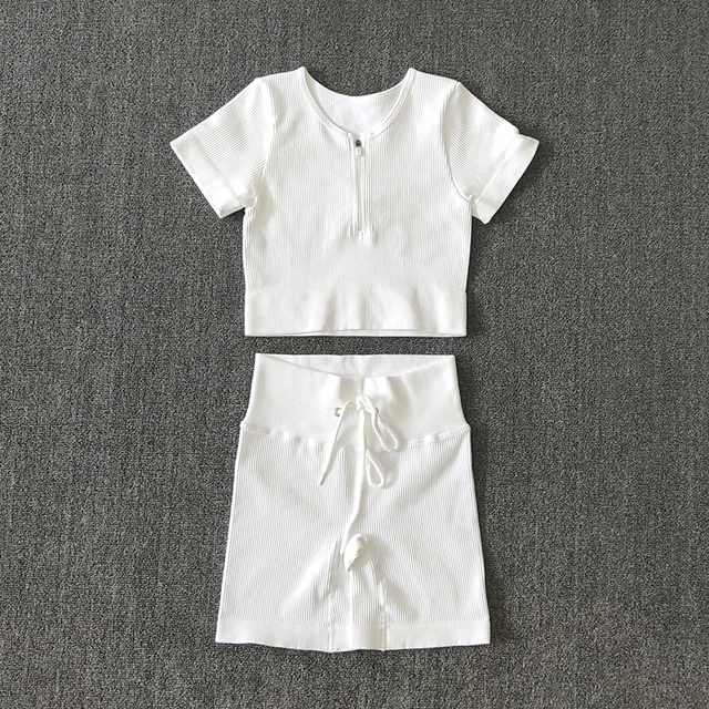 Seamless Women Yoga Set Workout Sportswear Gym Clothing Zipper Long Sleeve High Waist Leggings Fitness Bra Athletic Sports Suits ShirtsShortsWhite