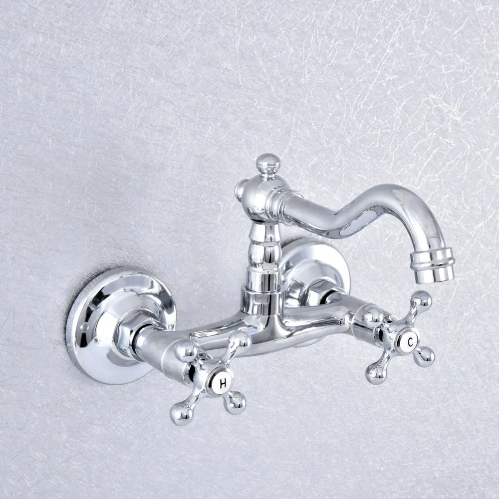 Silver Polished Chrome Brass Wall Mounted Dual Cross Handles Kitchen Bathroom Vessel Sink Faucet Mixer Taps asf783