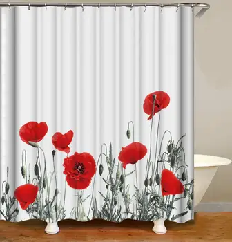 

Floral Shower Curtain Decor,Red Poppy Flower Plant Nature Scenery White Fabric Bathroom Curtains,Waterproof Polyester Bath