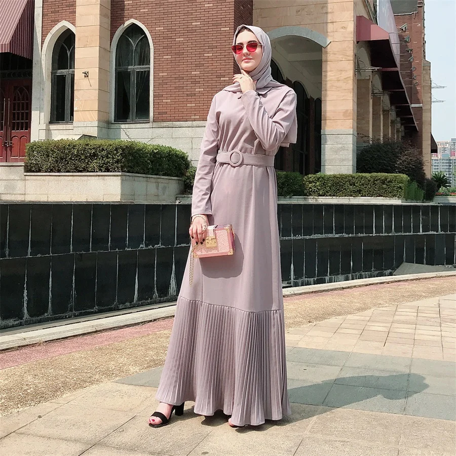 Siskakia офисное женское Макси длинное платье мусульманское элегантное однотонное Плиссированное лоскутное платье с длинным рукавом воротник Питер Пэн осенняя одежда - Цвет: Women Long Dress