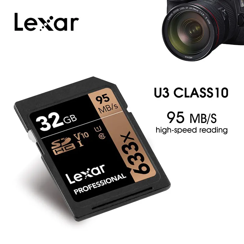Lexar SD Card 633x Original 95M/s 32GB U1 SDHC 64GB 128GB 256GB 512G U3 SDXC Class 10 Memory Card For 1080p 3D 4K video Camera