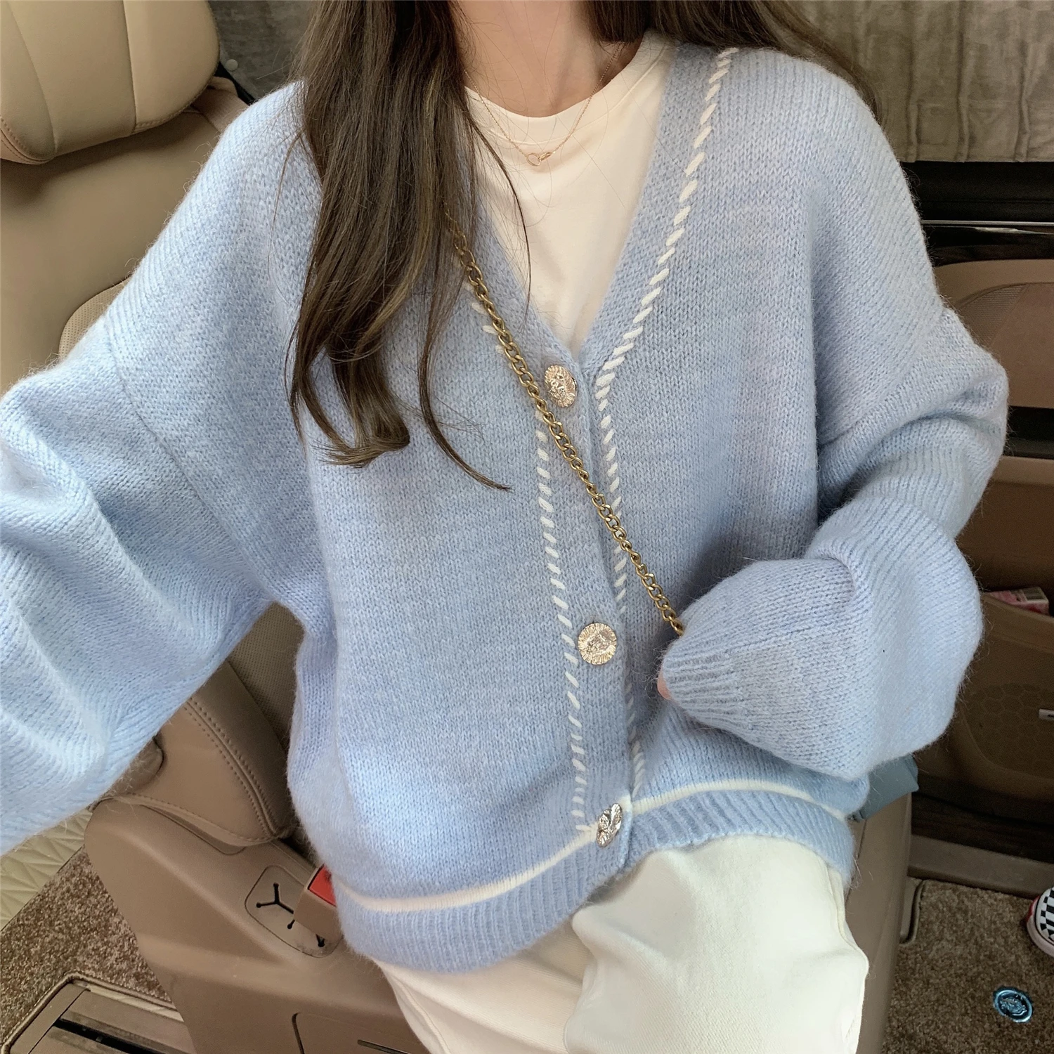 

Knitted Cardigan V-neck Long Sleeve 2020 New Women Sweater Pink Loose Knitted Fashion Solid Color Clothes Women Tops 607G