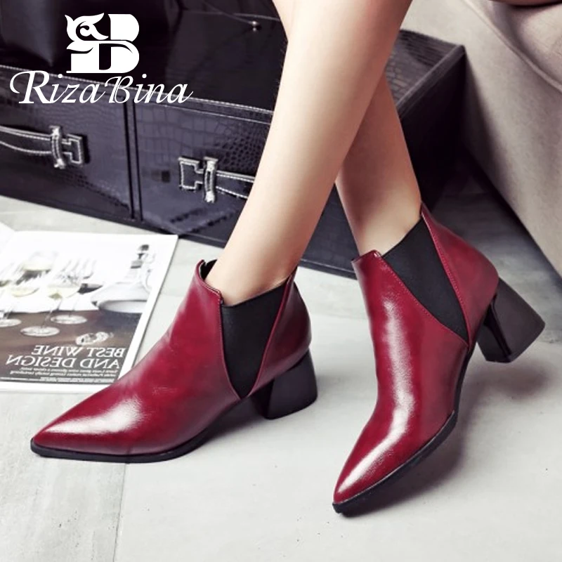

RIZABINA Women Ankle Boots Solid Color Sexy Pointed Toe Thick Heels Shoes Autumn Winter Warm Daily Women Footwear Size 32-48