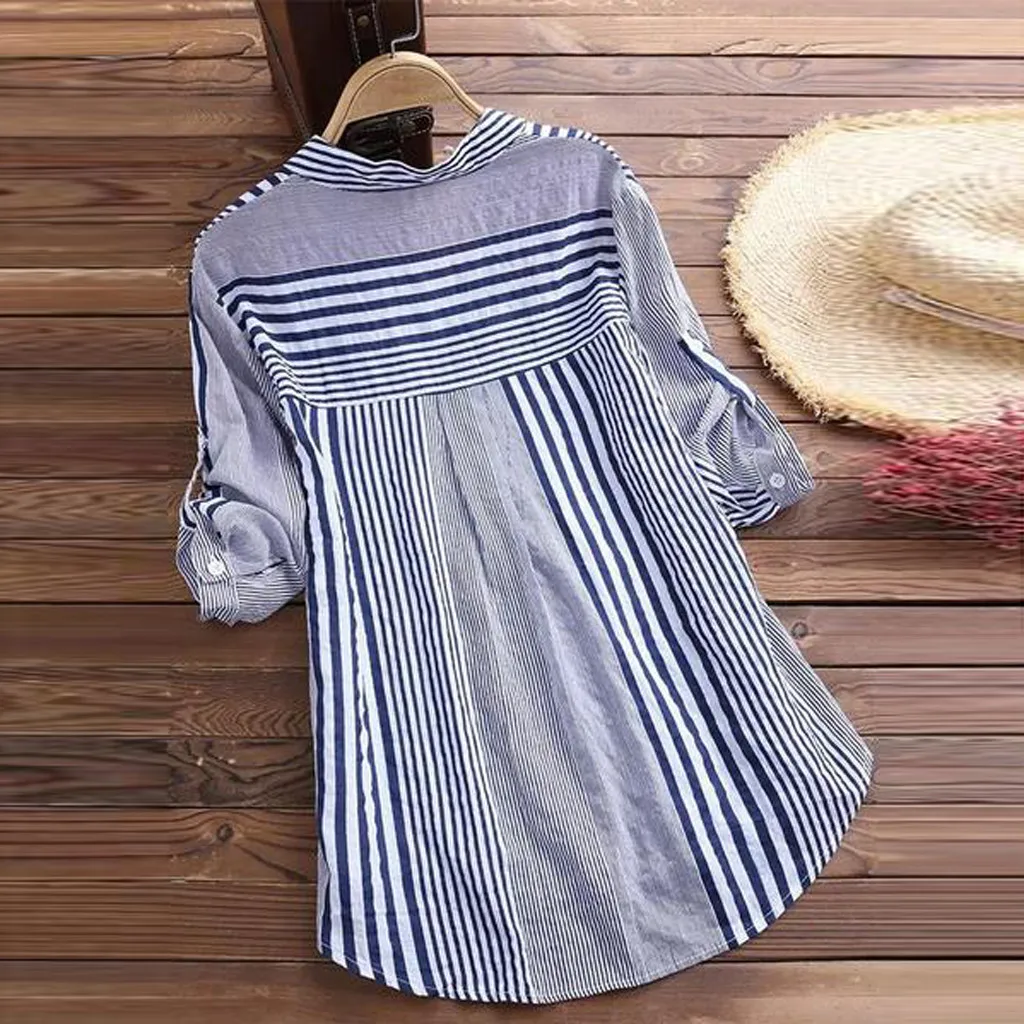 Long Women Plus Size Three Quarter Blouses Women Casual Striped Print V-neck Loose Fit Top Tee lady Blouse Zip-up Soft Shirt long sleeve tops