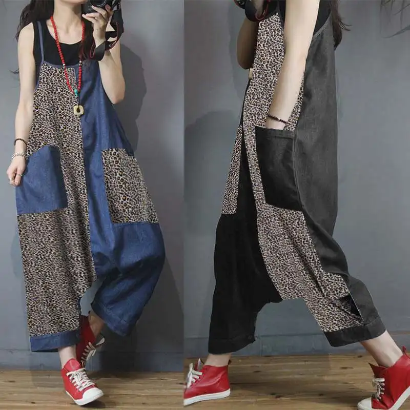 Plus Size Women's Drop Crotch Jumpsuits ZANZEA Kaftan Overalls Summer Patchwork Leopard Rompers Female Dungaree Playsuits Pants Plus Size Women's Drop Crotch Jumpsuits ZANZEA Kaftan Overalls Summer Patchwork Leopard Rompers Female Dungaree Playsuits Pants