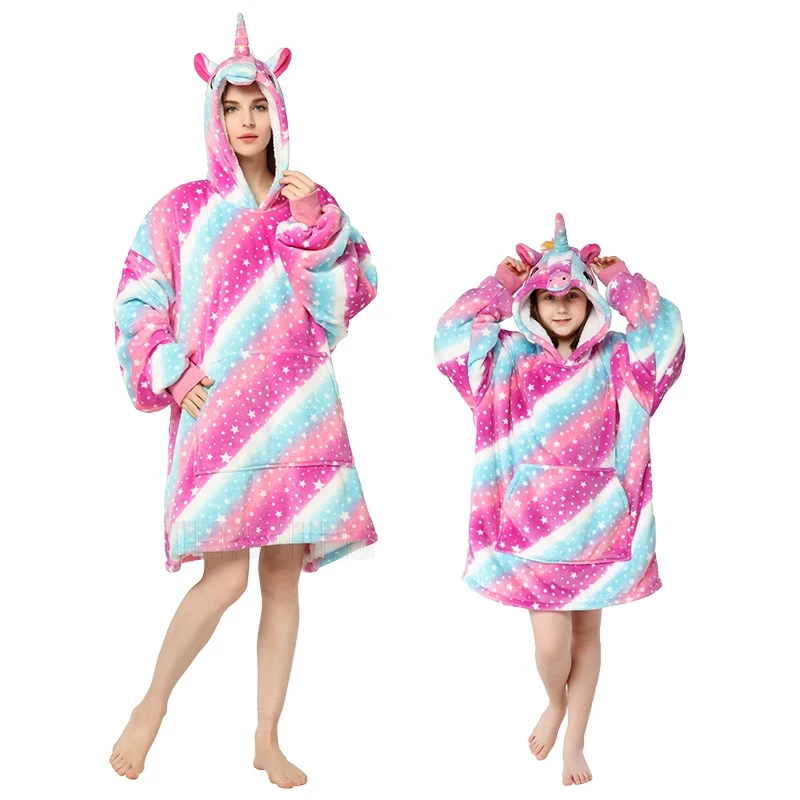 Adults Bathrobe Sofa Cozy Hoodie Blanket Sweatshirt Women Fleece Warm TV Blanket with Sleeves Pocket Long Hooded Coat For Kids