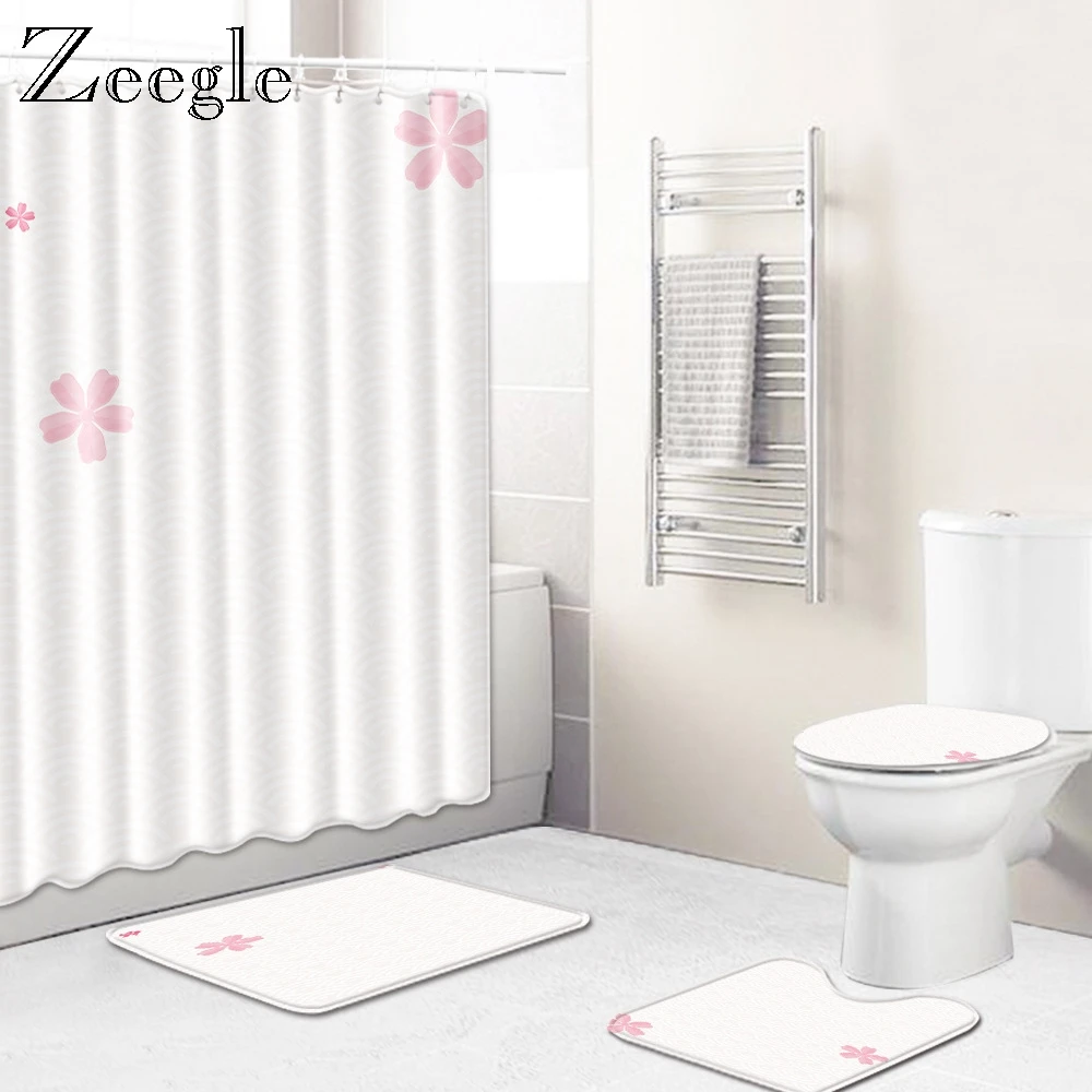 Zeegle Printed Bath Mat Set with Shower Curtain Non-slip Bathroom Soft Carpet Lid Toilet Cover Shower Room Curtain with Hooks