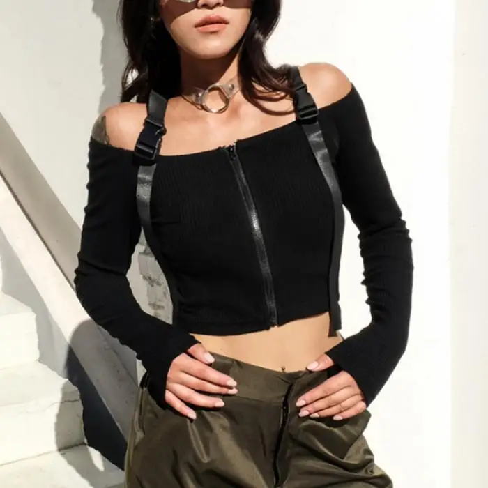 Pop Lady Short Top Solid Color Zipper Buckle Long Sleeve Off Shoulder Crop For Summer Pop 88