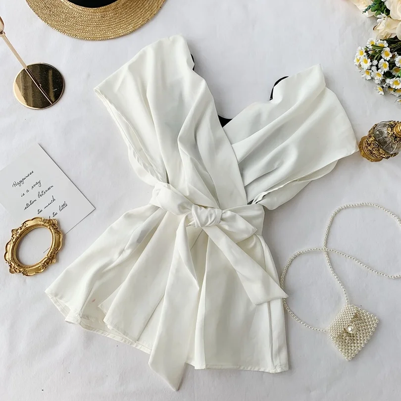 

Taotrees Summer Female Solid Color V Neck Short Sleeve Belted Decoration Drawstring Slim Office Lady Irregular Short Shirts