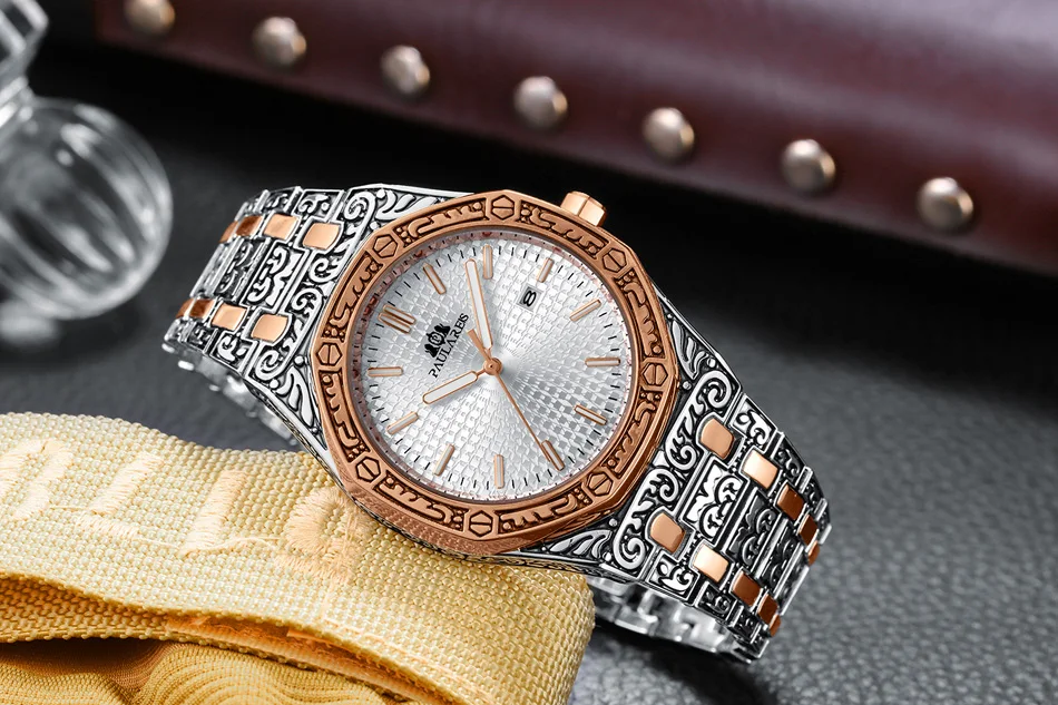 Lusso antico intagliato vintage luminoso oro rosa oro giallo argento 2 toni blu quarzo classico da uomo_voghion.com