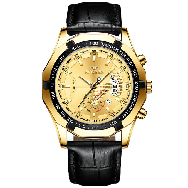 FNGEEN Luxury Men's Watches Stainless Steel Band Fashion Waterproof Quartz Watch For Man Calendar Male Clock Reloj Hombre S001 Leather Gold