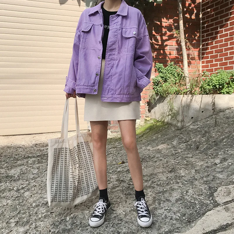 

Turn-down Collar solid color purple Jean Jacket for Womens Loose Women Coats Female pocket denim jacket Feminine (F6600)