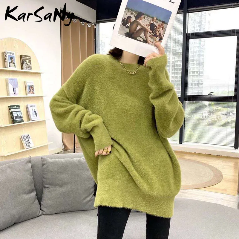 

Soft Thick Mink Sweater Oversize Women Winter O neck Long Knitted Pullovers Woman Fluffy Jumpers Women's Sweaters For Winter