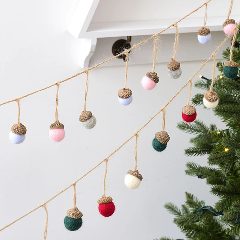 Xmas Tree Ornament Wool Felt Pine Tower Ball Pine Cone Acorn String DIY Material Pendant Christmas Decor Home New Year 6pcs