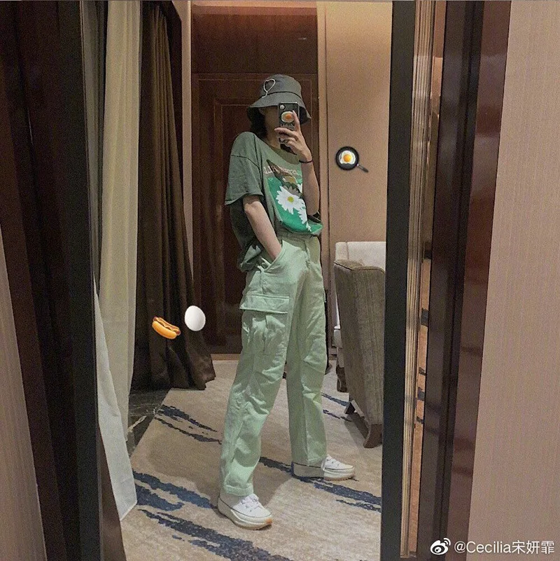 

Song Yanfei Stars with Green Casual Pants 2019 New Pockets Full Length Fashion Pants Women