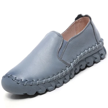 

New Style Women Genuine Leather Shoes Handmade Sewing Anti-slip Loafer Shoes Breathable Comfortable Flat Slip-on Sneaker Shoes