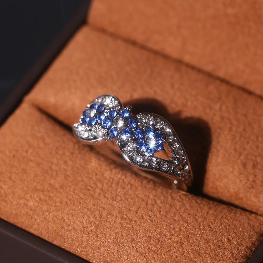 Fashion Flower Shape Blue Crystal White Zircon Womens Ring For Fine Christmas Couple Female Rings Party Jewelry Set Anillos | Украшения и