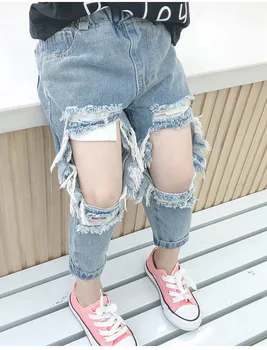 

2020 New Spring Big Broken Hole Kids Jeans For Girls Toddler Clothes Casual Loose Ripped Jeans Children Denim Pants 1-7Years