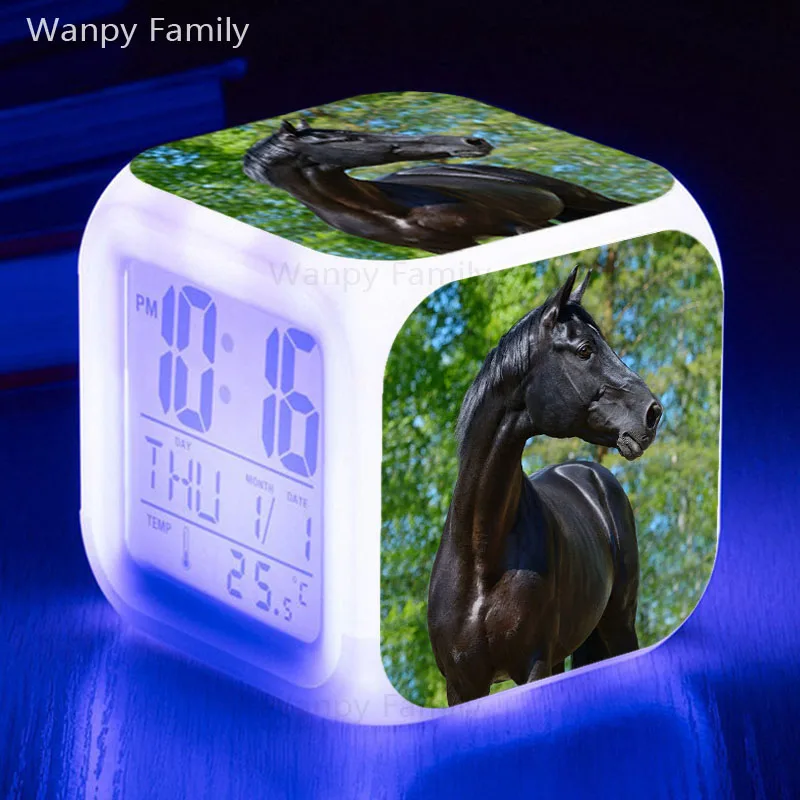 Grassland Black Horse Alarm Clock 7 Color Glowing Led Digital Clock For