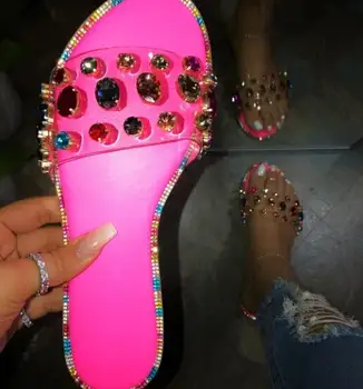 

Summer Women Basic Diamonds Slippers Bordered Crystal Shiny Slip-On Sandals Flat Sandals Outdoor Holiday Slides 9102